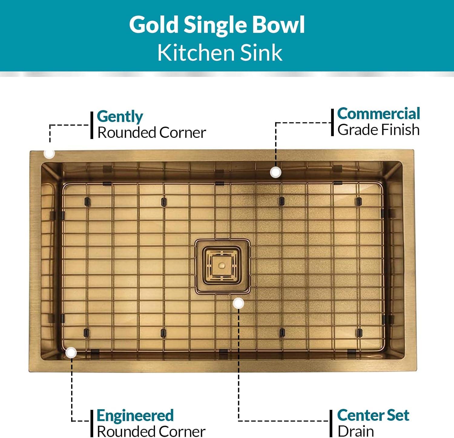 Strictly Sinks 32 Inch Undermount Single Bowl Kitchen Sink – Sink with Bottom Grid & Drain – Gold