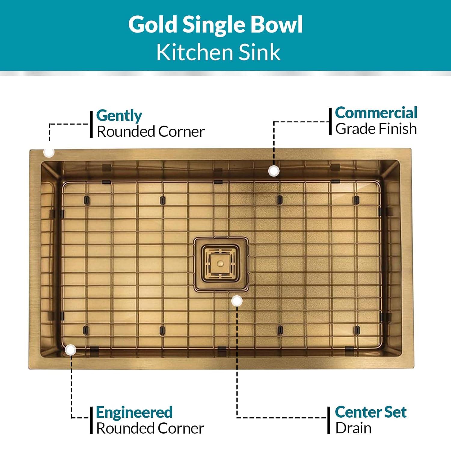 Strictly Sinks 32 Inch Undermount Single Bowl Kitchen Sink – Sink with Bottom Grid & Drain – Gold