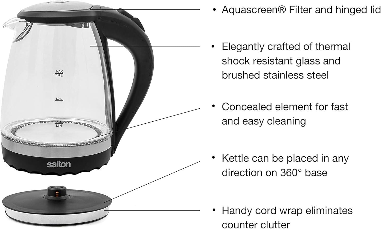 1.6 Qt Glass and Stainless Steel Electric Kettle with Blue Illumination