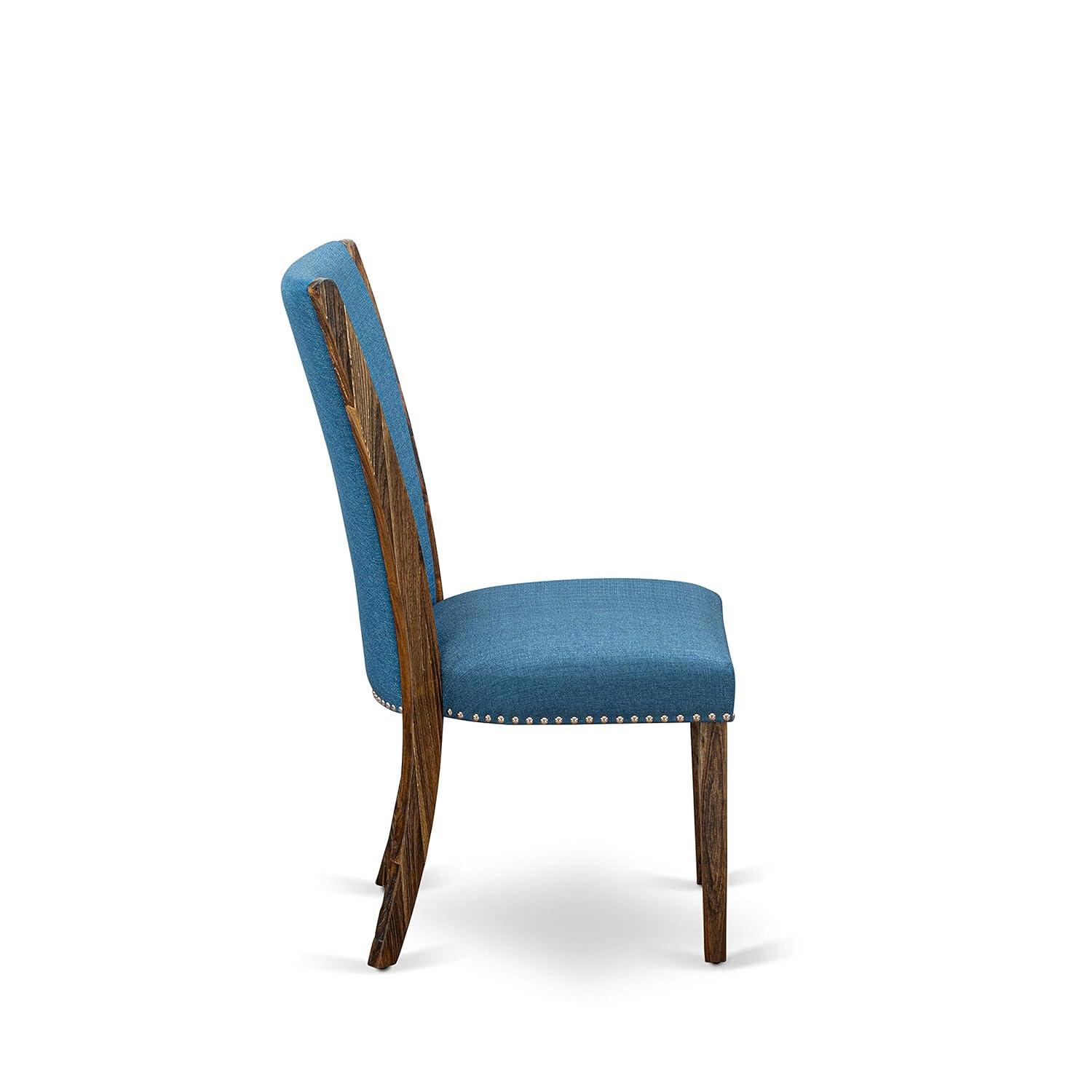 Verona Distressed Jacobean Wood Frame Dining Chair with Blue Linen Fabric Seat with Nail Head & Stylish Back - Set of 2