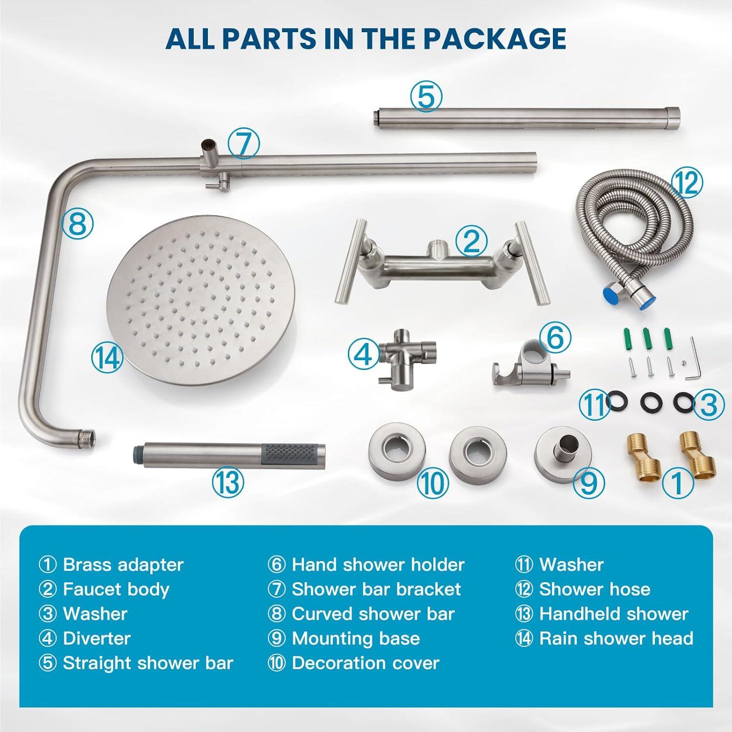 gotonovo SUS304 Outdoor Shower Fixture High Pressure Shower System Combo Wall Mount 2 Dual Function Shower Faucet Set Round Handheld Spray Brushed Nickel Single Handle