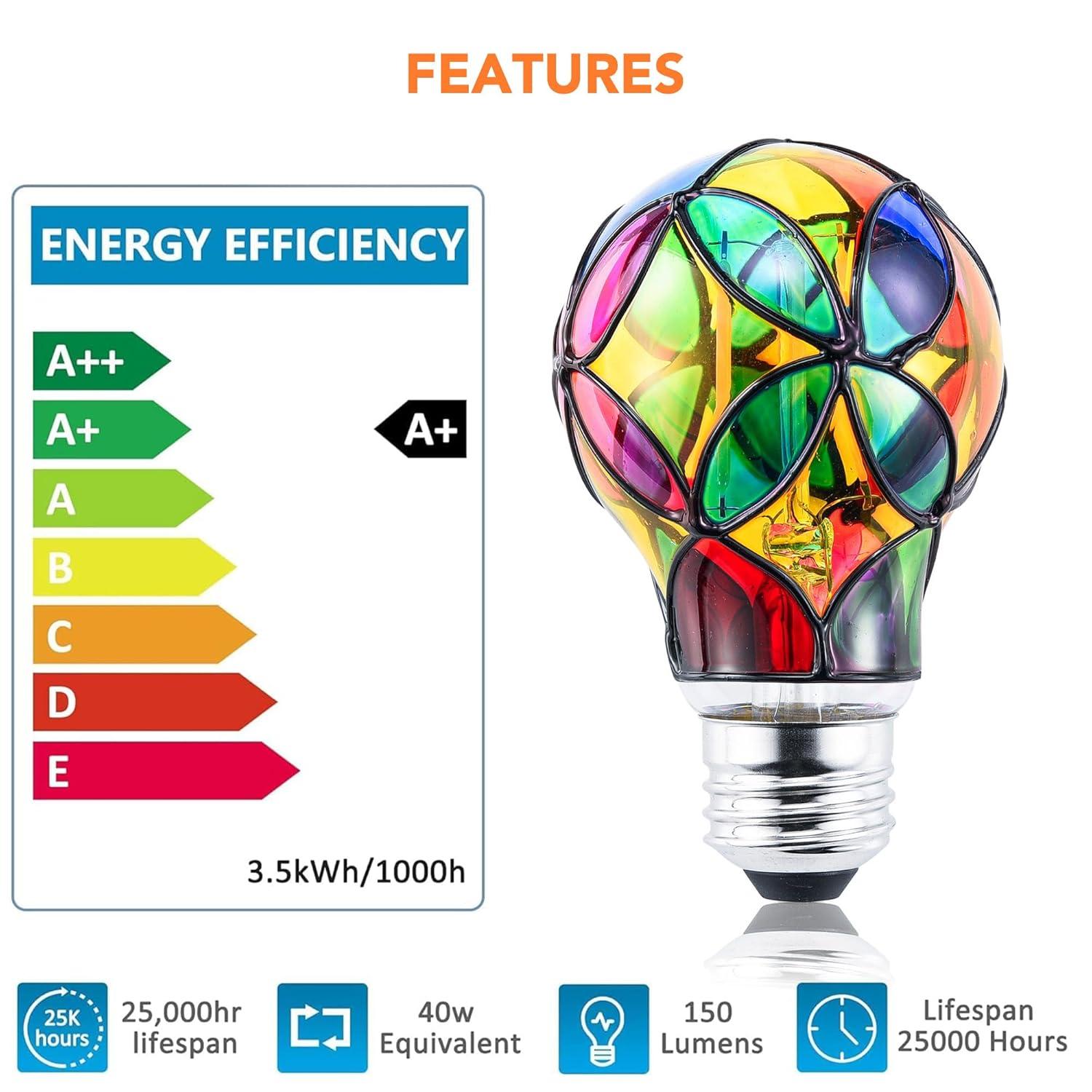 4 Pack Stained Glass Light Bulbs, LED Edison Light Bulb E26 3.5W Replacement Light Bulbs Tiffany Style for Bedroom Living Room Home Christmas Decoration