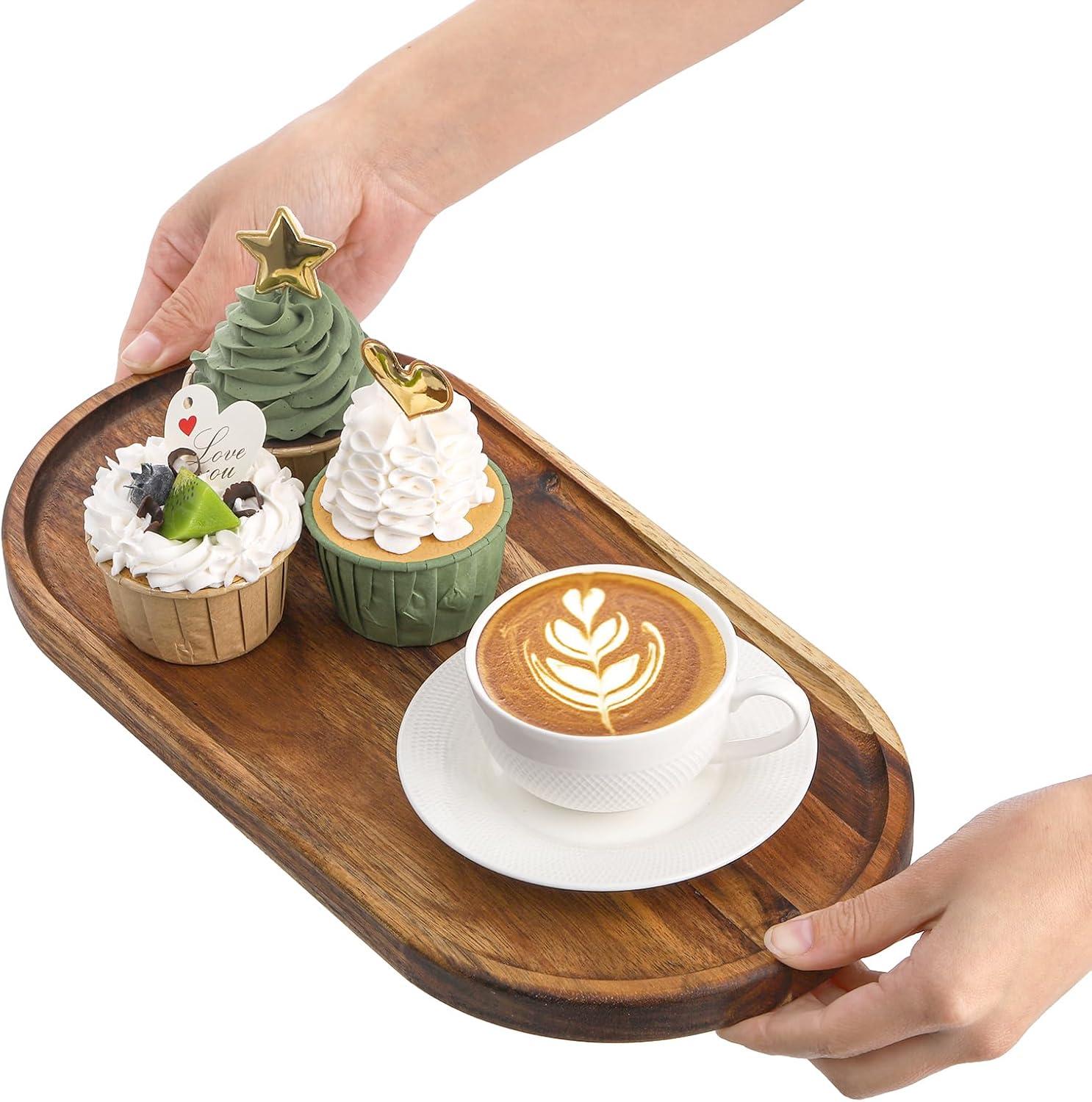 SPEShh Acacia Wooden Serving Trays Set of 2 - Rectangular Oval Shaped Wood Plates for Charcuterie Cheese Bread Fruit Vegetable Dip Sushi - Rustic Serving Platter Shallow Dishes -14x7 & 11x5.5 In.