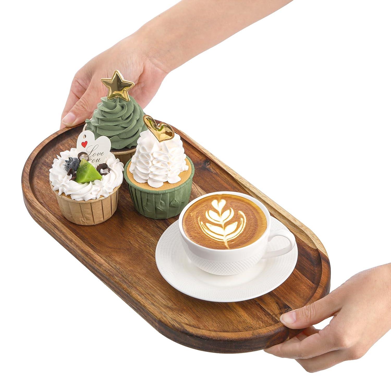 SPEShh Acacia Wooden Serving Trays Set of 2 - Rectangular Oval Shaped Wood Plates for Charcuterie Cheese Bread Fruit Vegetable Dip Sushi - Rustic Serving Platter Shallow Dishes -14x7 & 11x5.5 In.