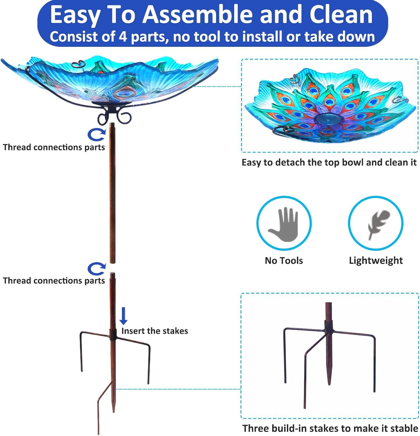 Evergreen Garden 2GB209 11 Inch Peacock Glass Bird Bath Bowl with Metal Stake