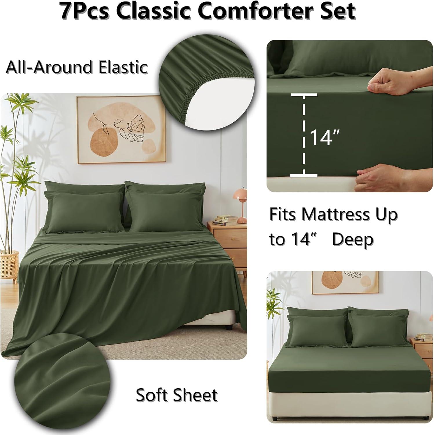 Cozy Comfort Sage Green Queen Comforter Set - 7 Pieces Solid Queen Bed in a Bag, Queen Bed Set Sage Green with Quilted Warm Fluffy Comforters, Sheets, Pillowcases & Shams