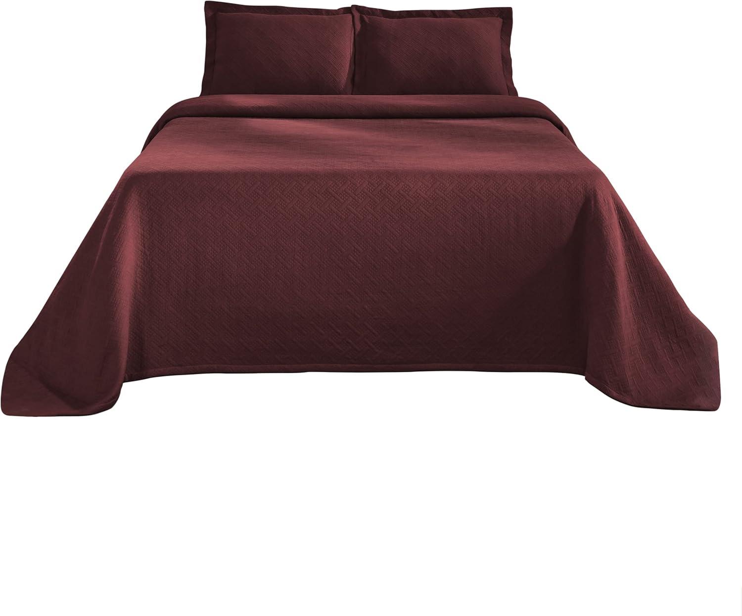 Superior 100% Cotton Basket Weave Bedspread 3 Piece Set, Full, Garnet