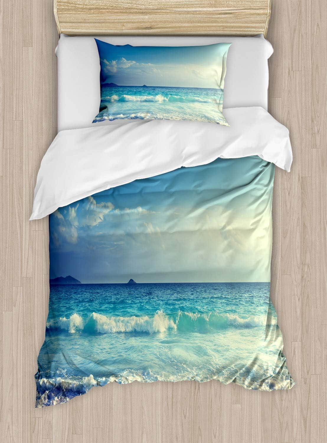 Twin Coastal Ocean Print Duvet Cover Set