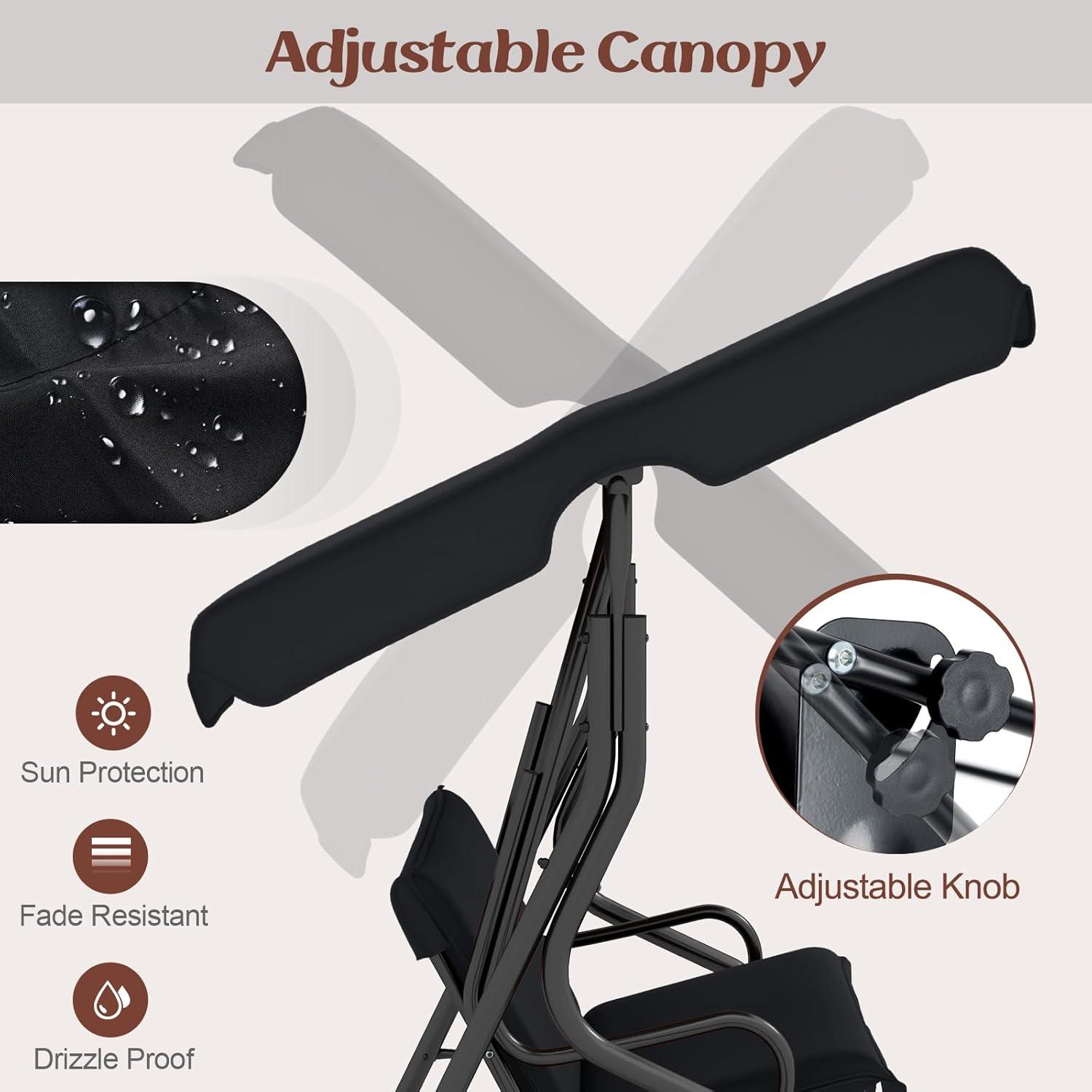 Black Steel Frame 3-Person Patio Swing with Adjustable Canopy