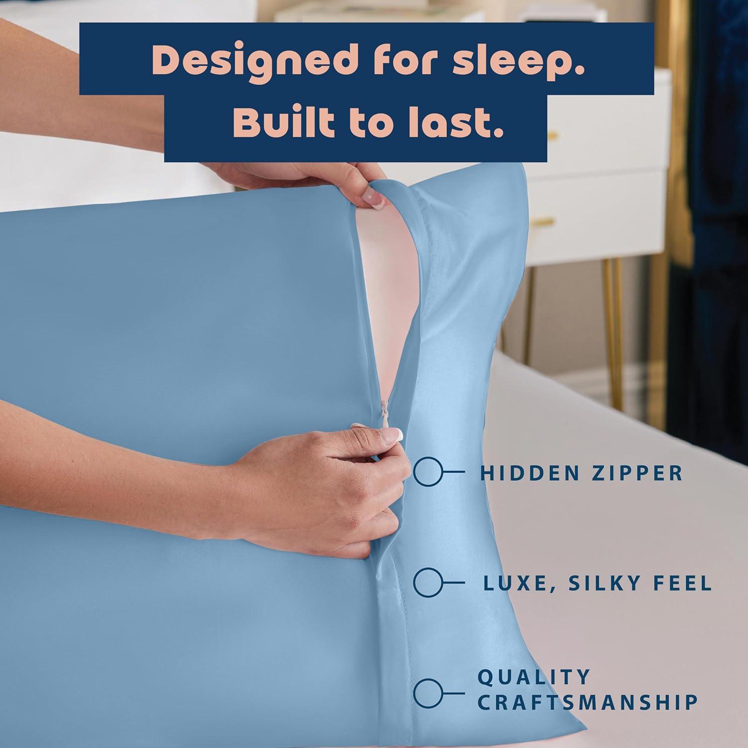 Blissford Luxury Jewel Blue Satin Pillowcase with Zipper Closure, Standard 2-Pack