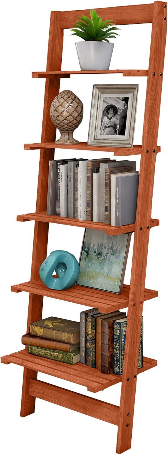 Cherry Painted Wood 5-Tier Leaning Ladder Bookshelf