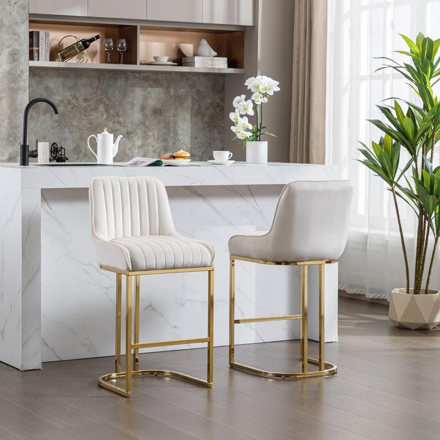 Counter Height Stools Set of 2, Velvet Bar Stools with 27 Inches Upholstered Seat Height, Handmade Woven Back Armrest, Sturdy Golden Metal Legs for Home Dining Pub Kitchen Island, Beige
