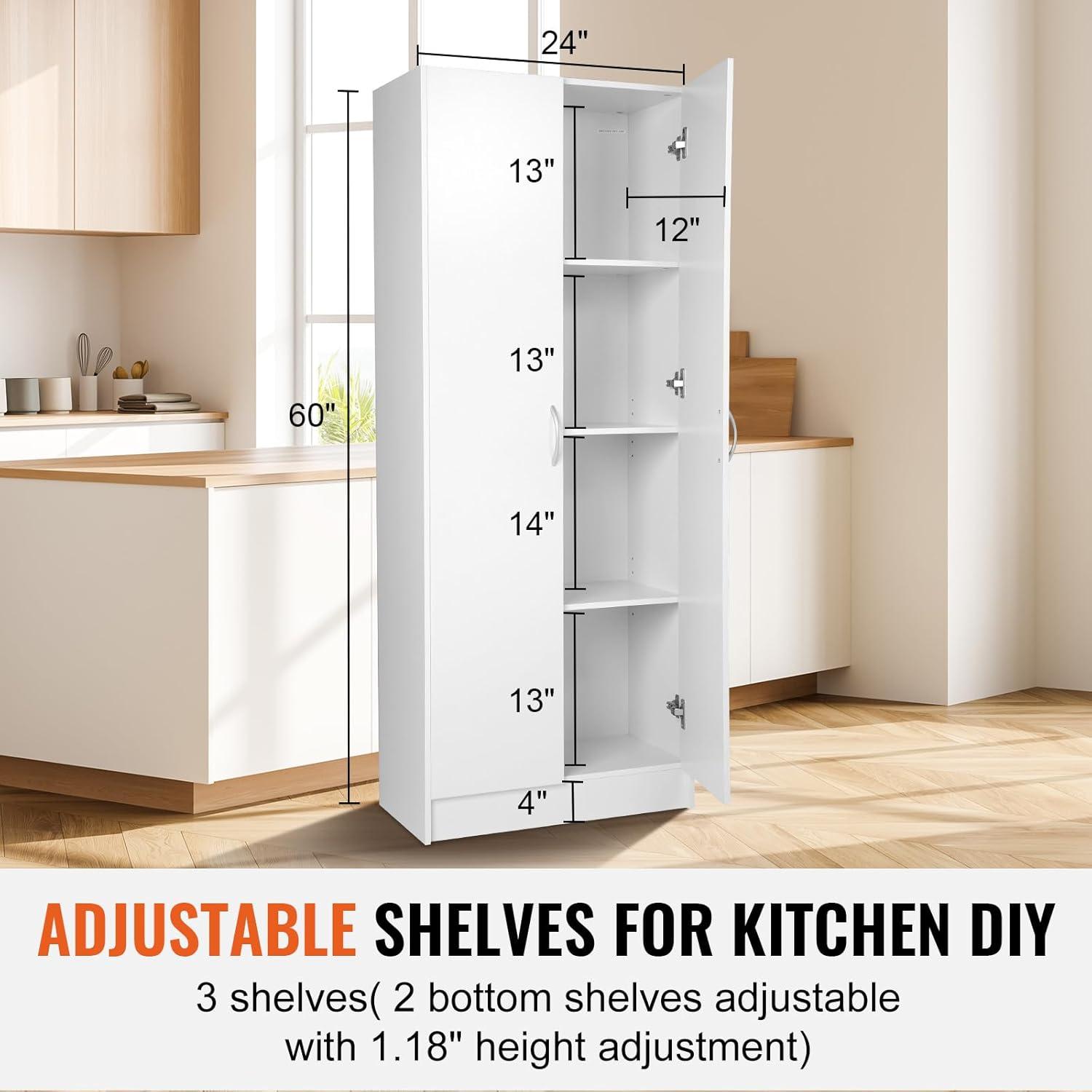 White 60" Tall Freestanding Kitchen Pantry Cabinet with Adjustable Shelves