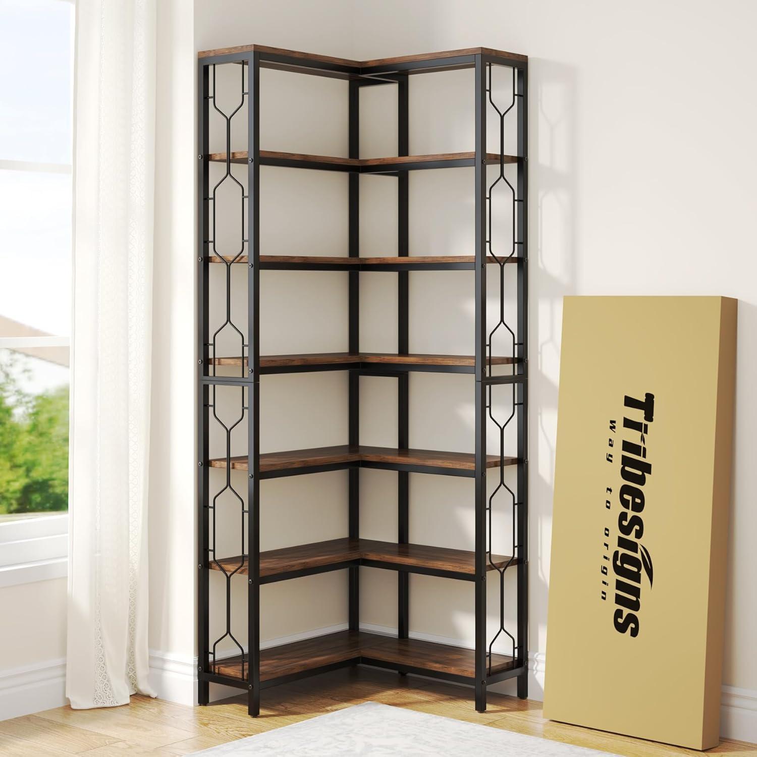 Hommoo 7-Tier Industrial Corner Bookshelf Rustic Brown