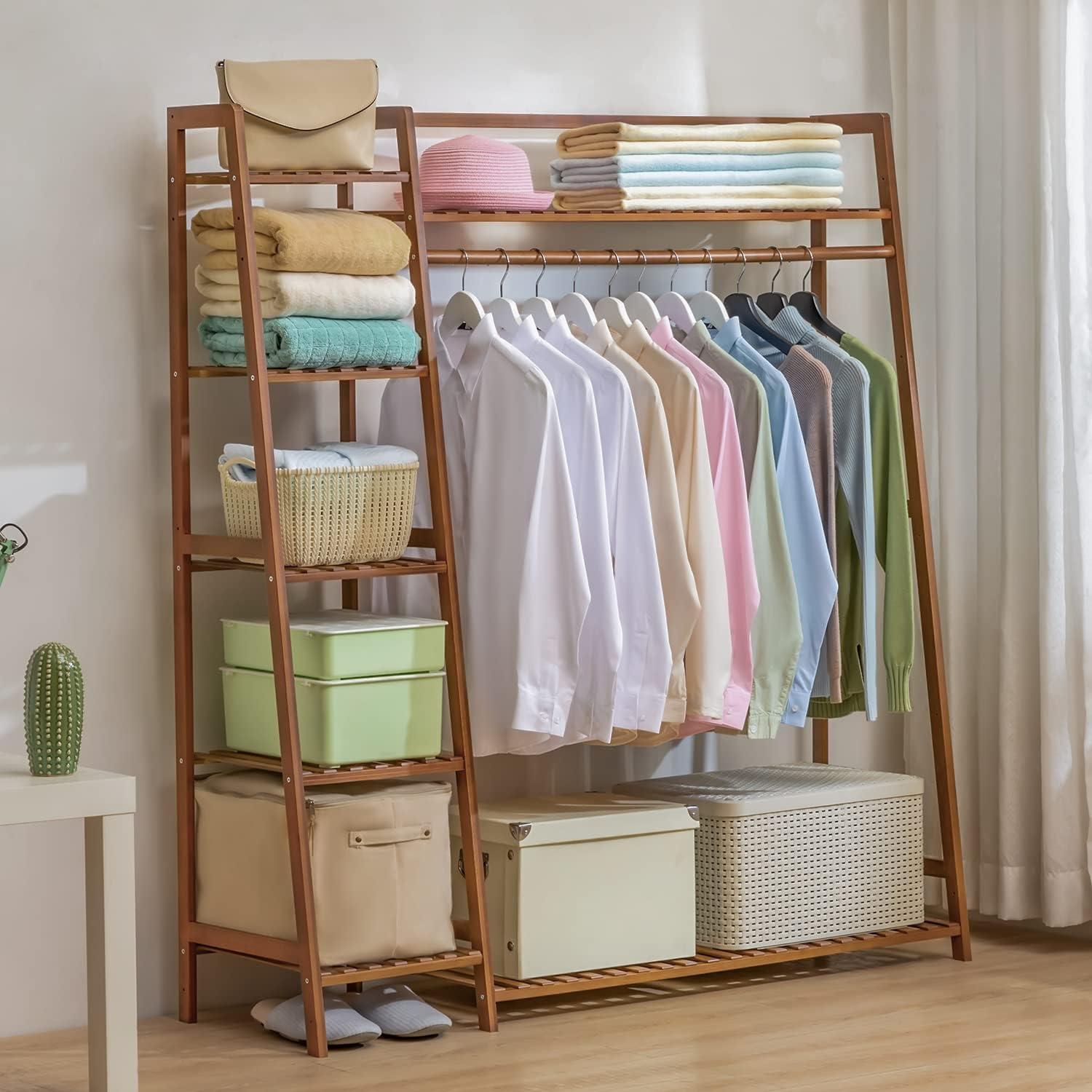 MoNiBloom Bamboo Garment Rack with 5-Tier Storage Shelves Trapezoid Multi-Functional Garment Rack, Clothes Hanging Rack Stand for Bedroom Living Room, Natural