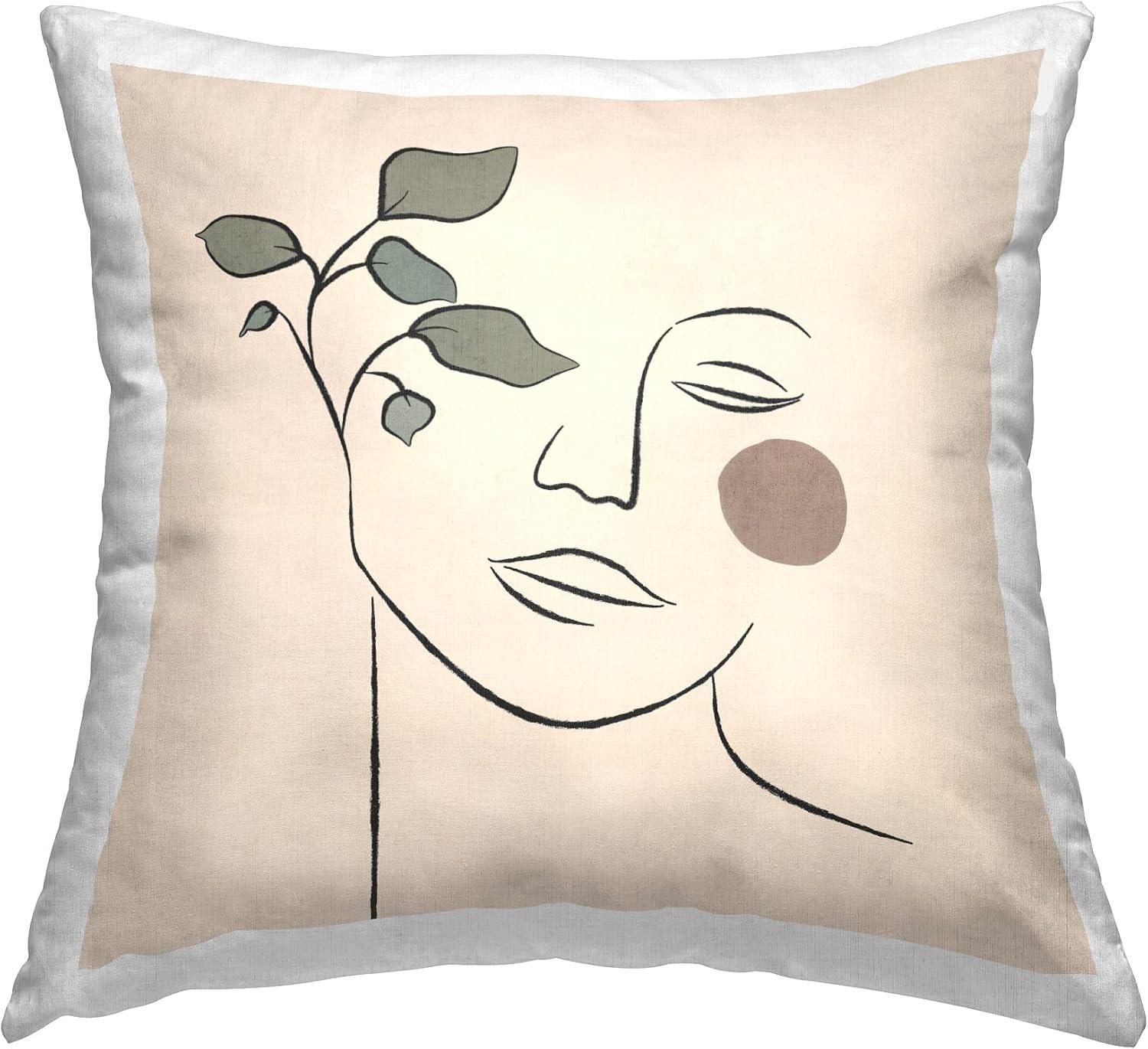 Beige Abstract Face Line Drawing Square Throw Pillow