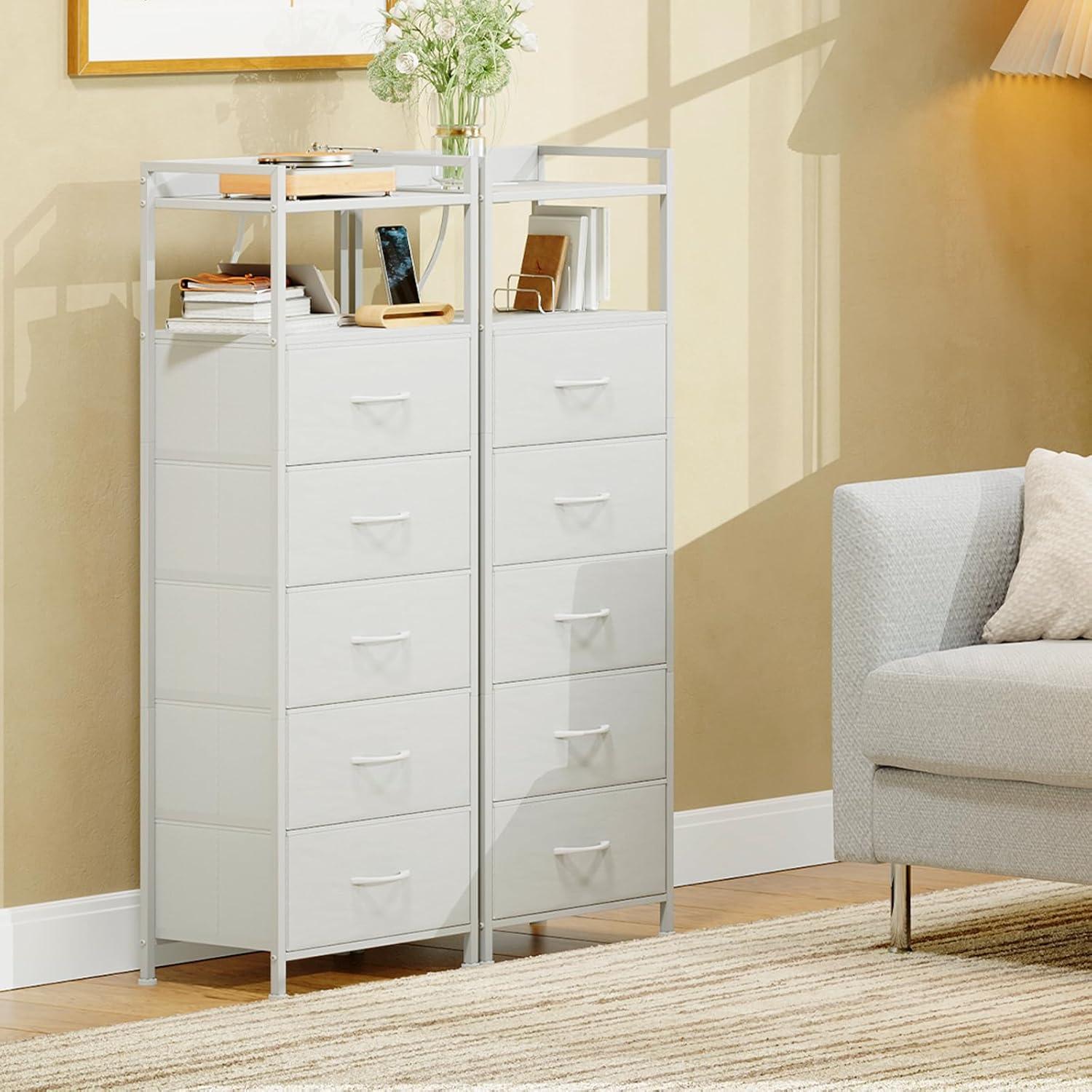 Eunos White Tall Nightstand with Charging Station, 5 Fabric Drawer Dresser for Bedroom with LED and Handle