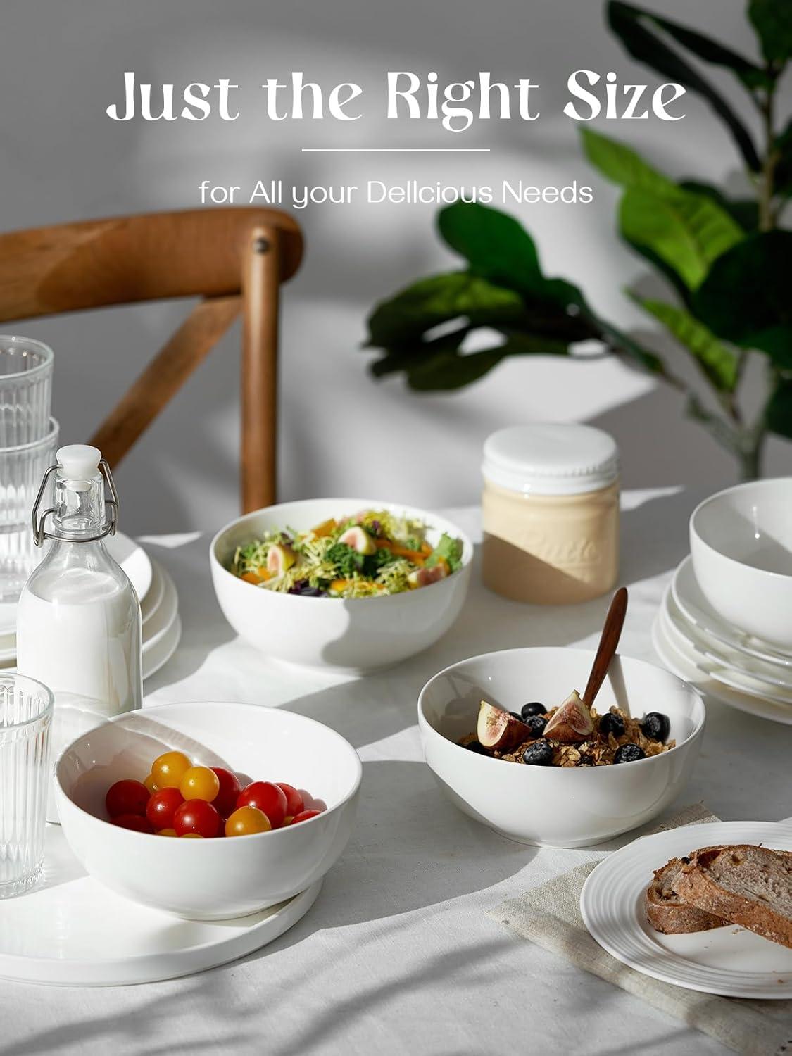 DOWAN 39 OZ Large Deep Bowls Set of 4 - White Ceramic Bowls for Ramen, Pasta, Salad, Mixed Fruit - Dishwasher & Microwave Safe