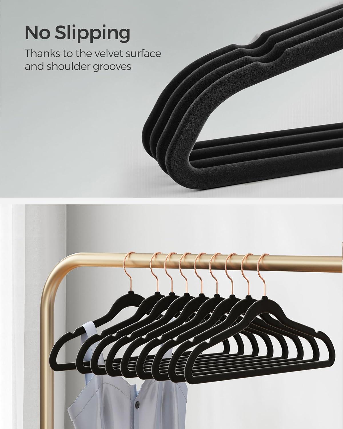 SONGMICS Velvet Hangers 50 Pack, Non-Slip with Rose Gold-Colored Swivel Hooks, Slim Space-Saving for Closet, Heavy-Duty, Black UCRF026B50