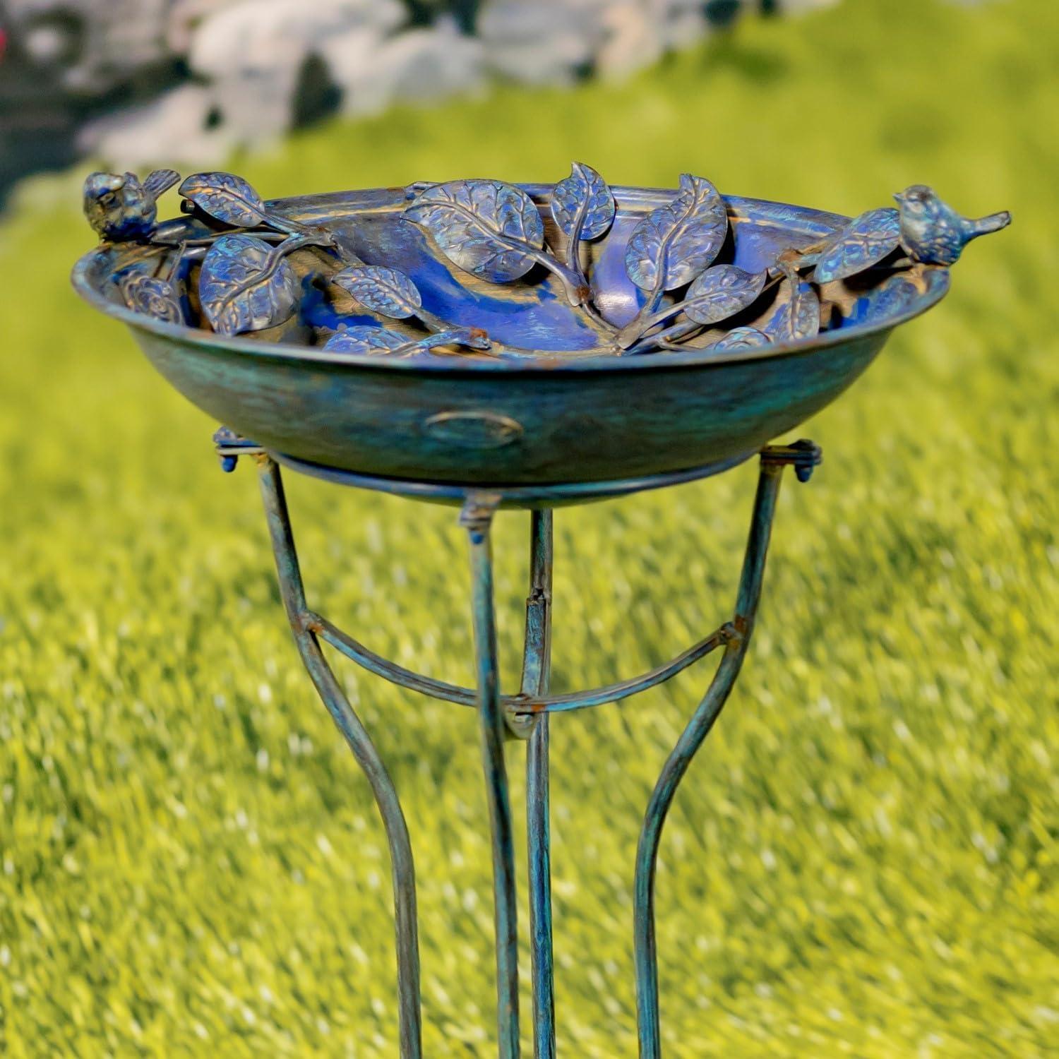 Zaer Ltd. Antique Blue Deep Round Metal Birdbath with Rose and Bird Accents