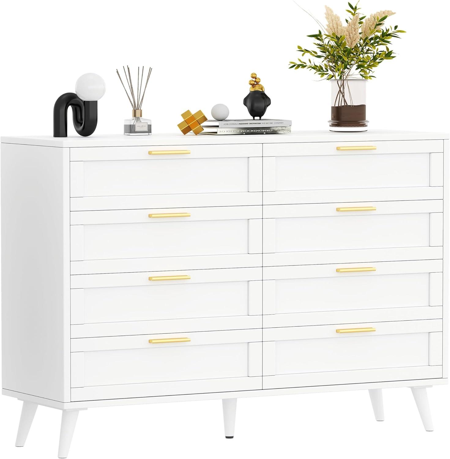 Rovaurx 8 Drawer Double Dresser Chest, Bedroom Chest of Dressers, Beside Table, White