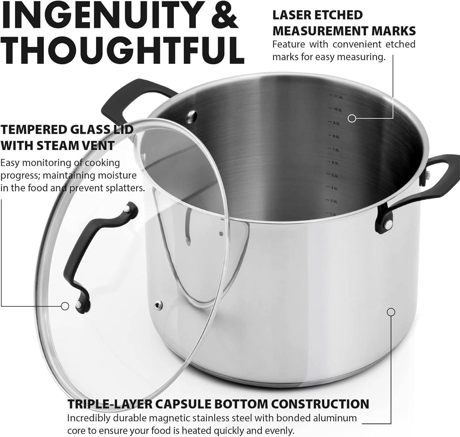 GrandTies 12 Quart Stainless Steel Stock Pot with Black Handles