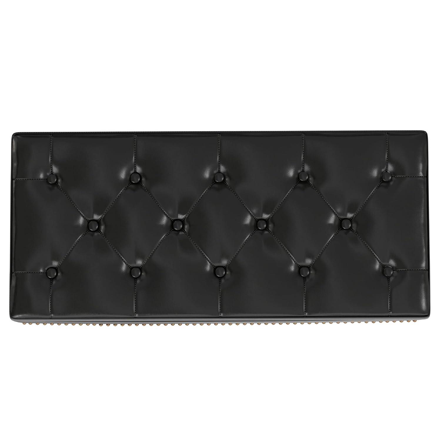 Simpli Home Hamilton 44"W Upholstered Lift-Top Storage Ottoman with Nailhead Trim and Tufted Detailing