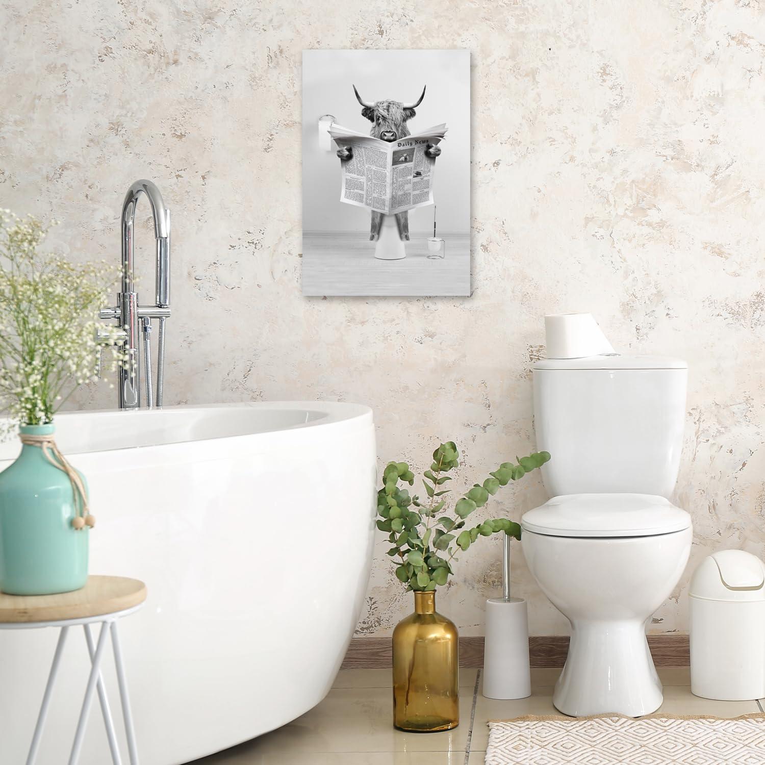 Modern Black Framed Highland Cow Wall Art Minimalist Bathroom Wall Decor Cute Funny Animals Artwork Canvas Prints Ready to Hang for Guest Bathroom, Hotel, Condo, Kids Bathroom, 12”x16”