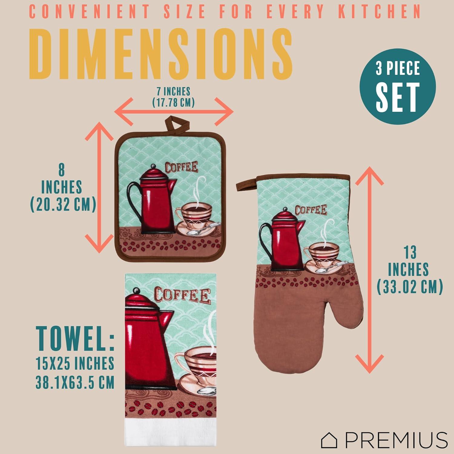 Premius PREMIUS 3 Piece Printed Kitchen Linen Set, Coffee Time, 1 Cotton Towel, 1 Pot Holder, 1 Oven Mitt