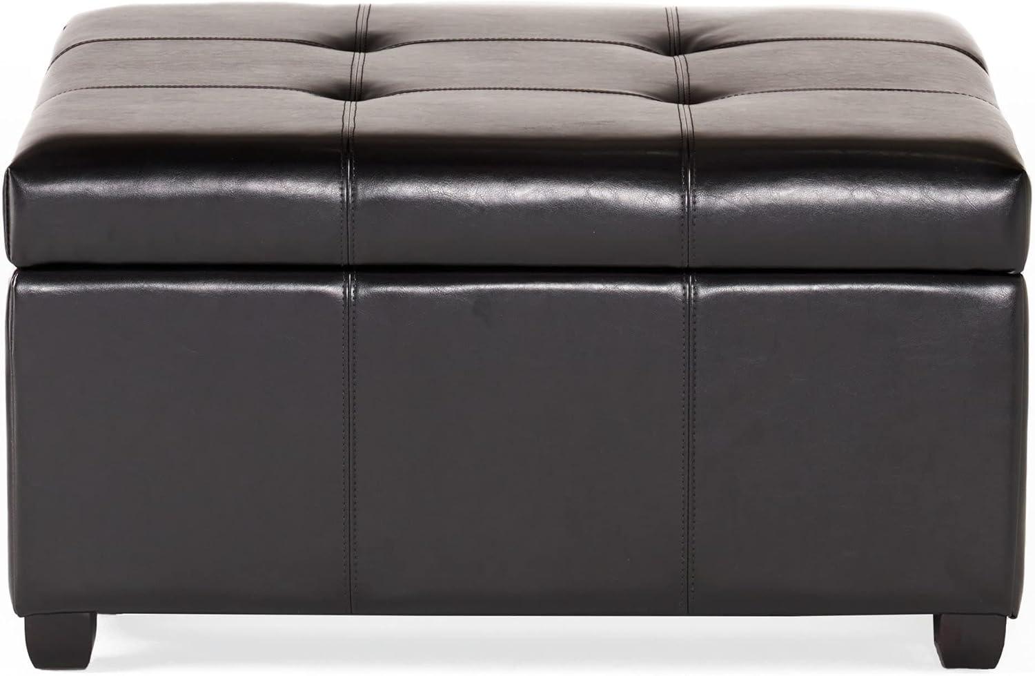 Espresso Tufted Leather Storage Ottoman with Birch Legs