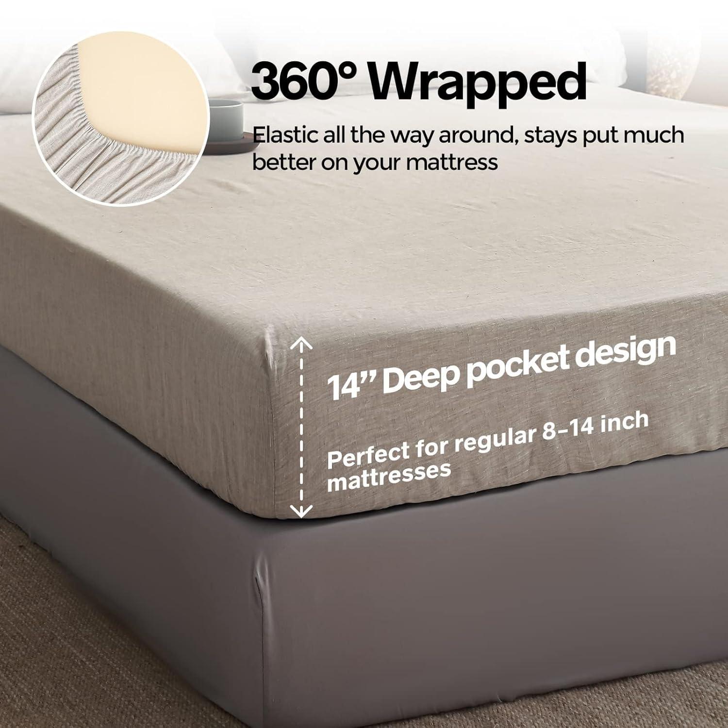 Queen Size Natural Linen Fitted Sheet with Deep Pockets