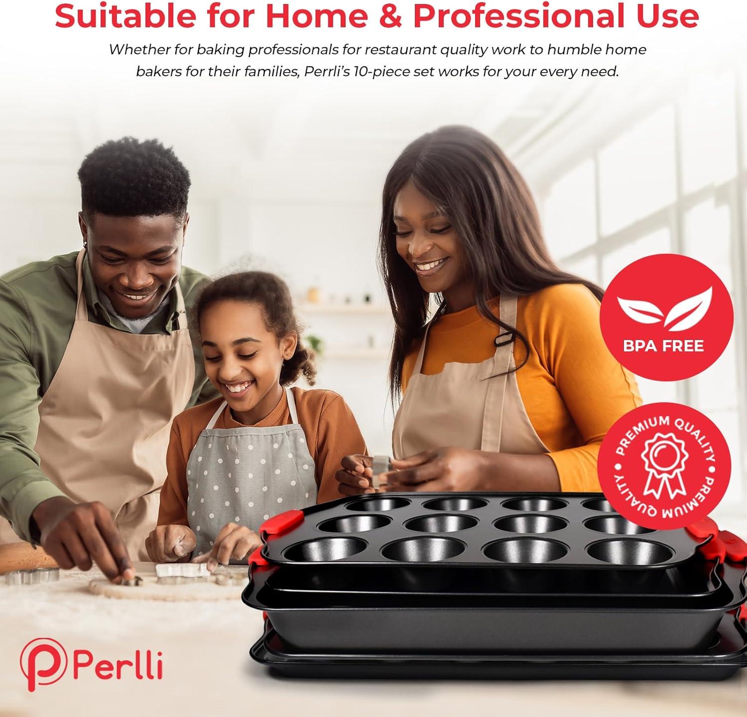 Perlli 10-Piece Nonstick Carbon Steel Bakeware Set with Red Silicone Handles