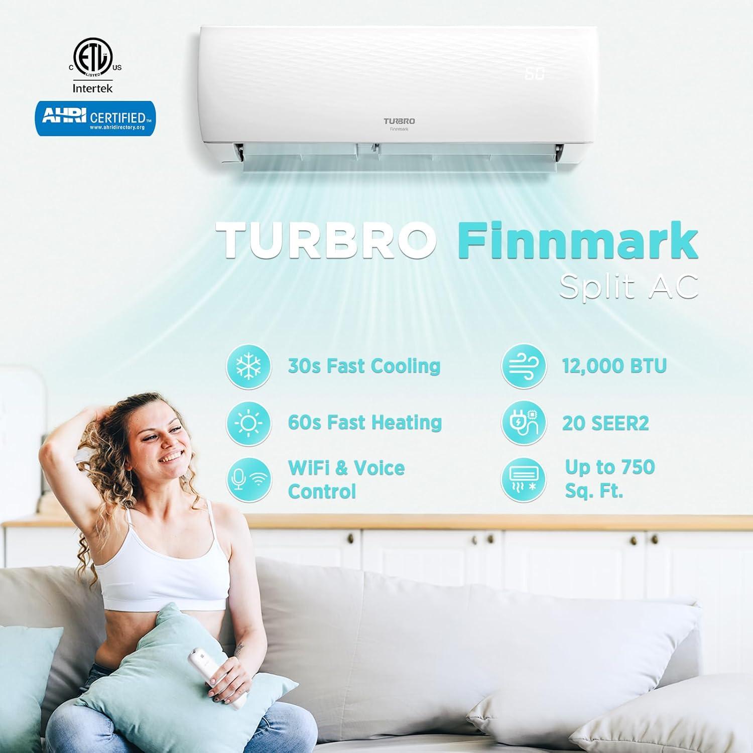 TURBRO 12,000 BTU White Ductless Mini Split AC with Heat Pump and WiFi