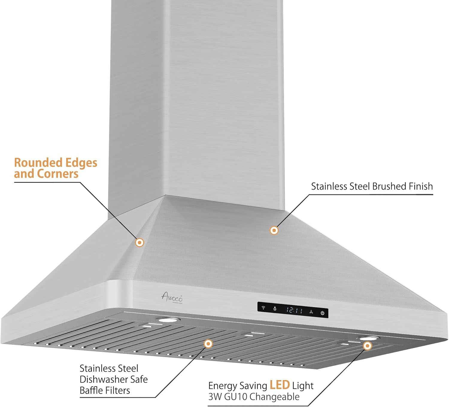 Awoco 30" Stainless Steel 800 CFM Ducted (Vented) Wall Range Hood with Baffle Filter