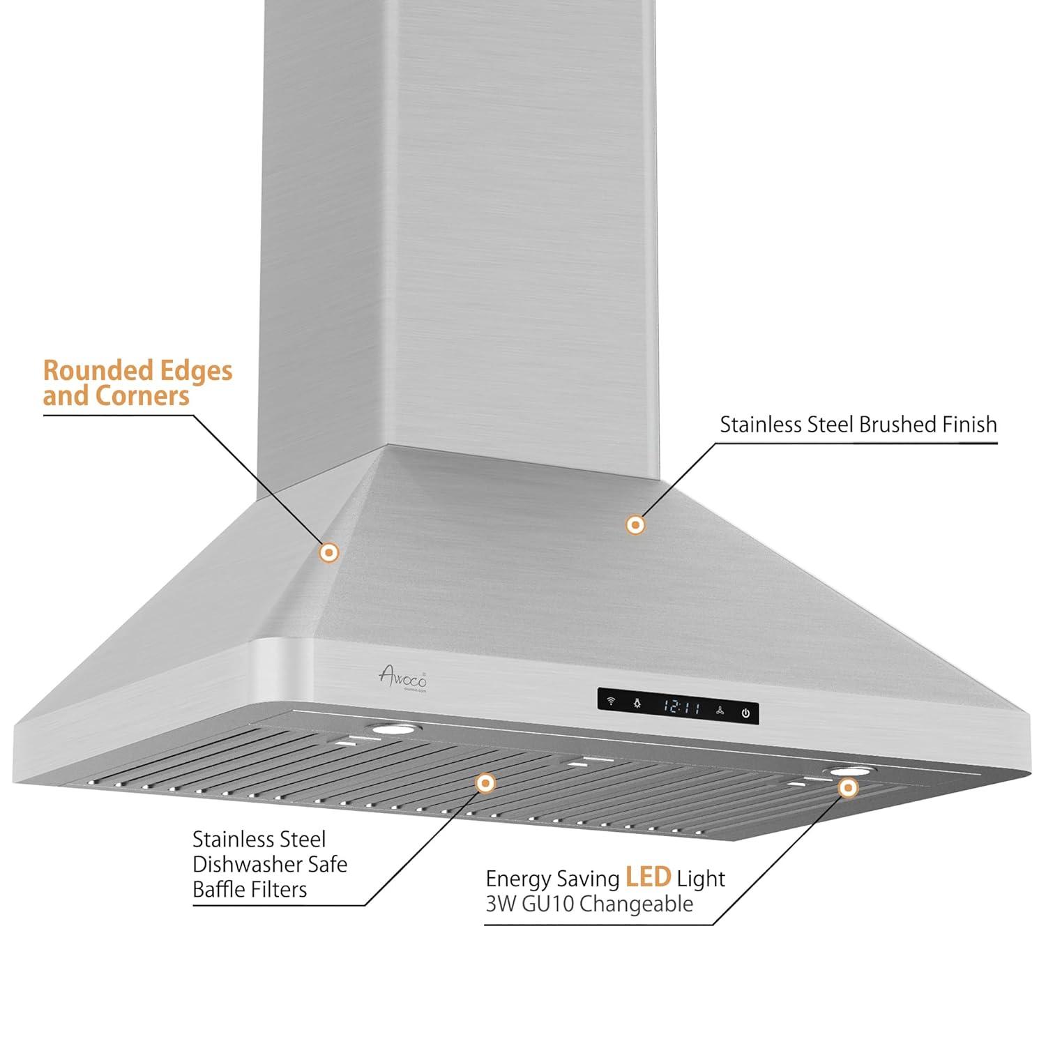 Awoco 30" Stainless Steel 800 CFM Ducted (Vented) Wall Range Hood with Baffle Filter
