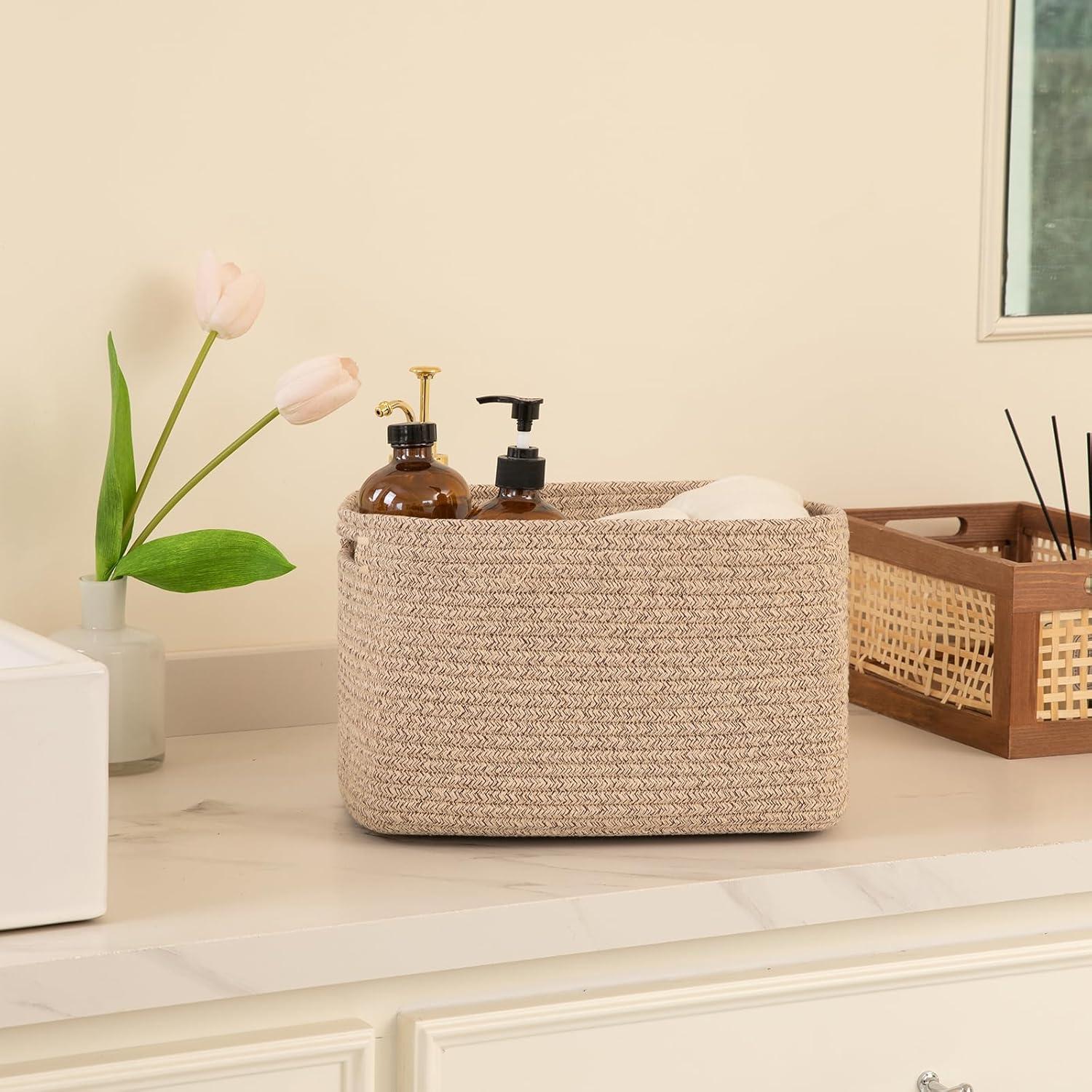 Set of 4 Beige Cotton Rope Rectangular Storage Baskets