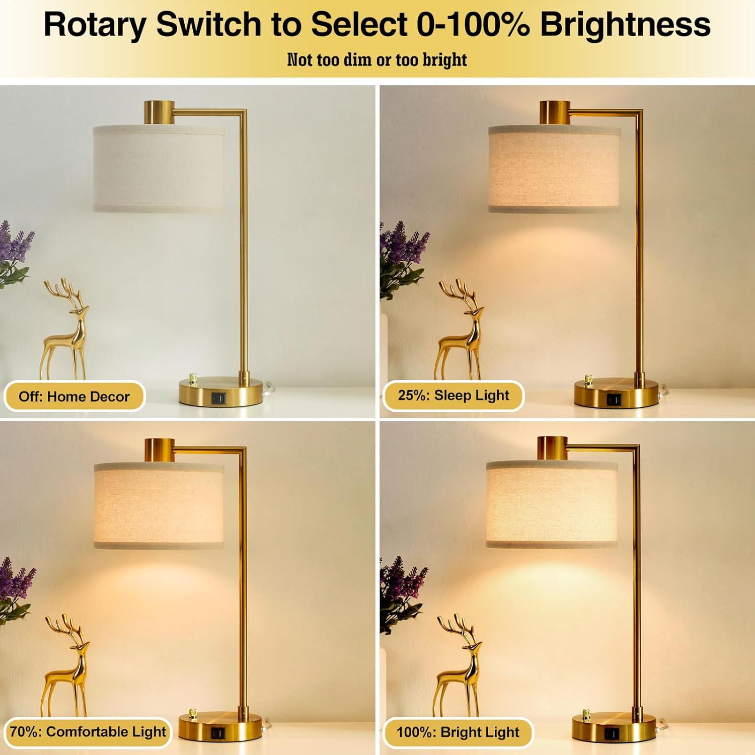 Table Lamp for Bedroom Set of 2 with USB C+A Ports, Fully Bedside Lamp with Linen Lampshade, Nightstand Lamp for Living Room Reading Office, 2 LED Bulbs Included (Gold)