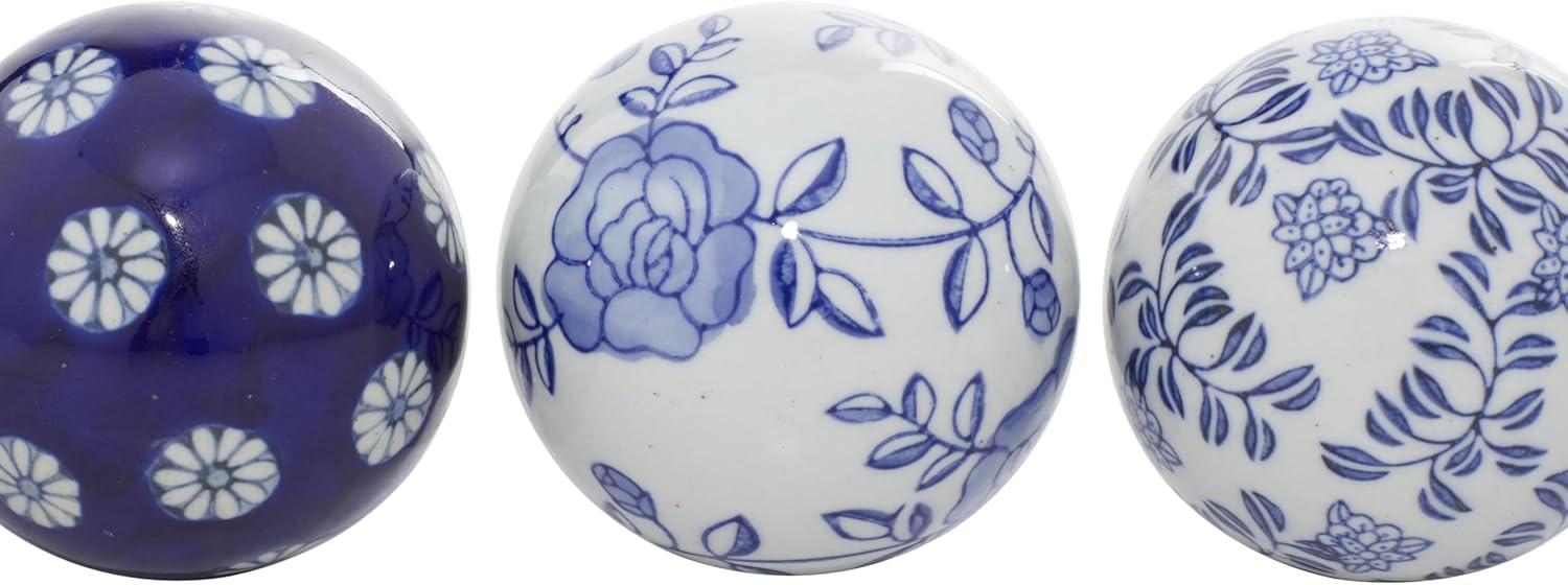DecMode Blue 3" Floral Handmade Glossy Ceramic Orbs & Vase Filler with Varying Patterns (6 Count)