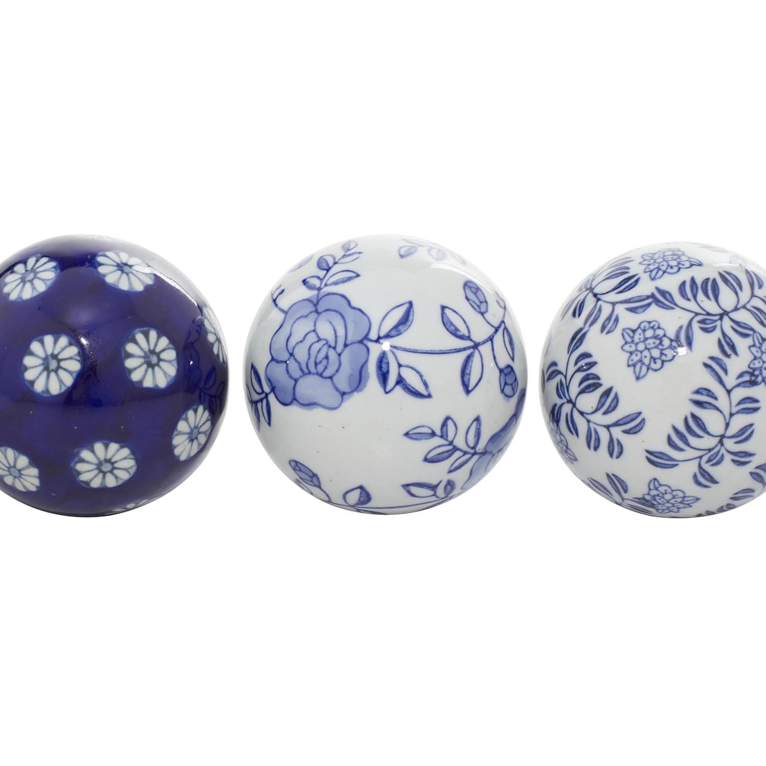DecMode Blue 3" Floral Handmade Glossy Ceramic Orbs & Vase Filler with Varying Patterns (6 Count)