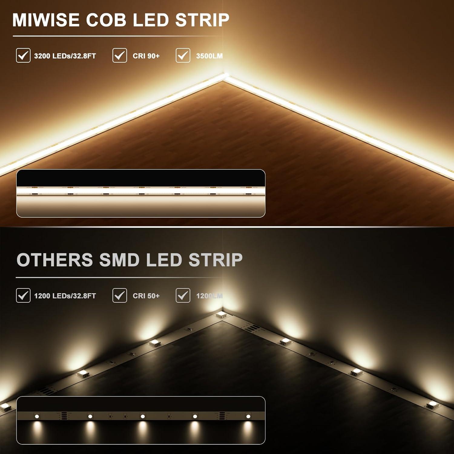 MIWISE COB LED Strip 20ft/6.1m,CRI 90+ Warm White 3000K High Lumen Super Bright Flexible DC24V LED Tape Light,for Cabinet Home Office DIY Lighting Projects(Adapter & Controller NOT Included)