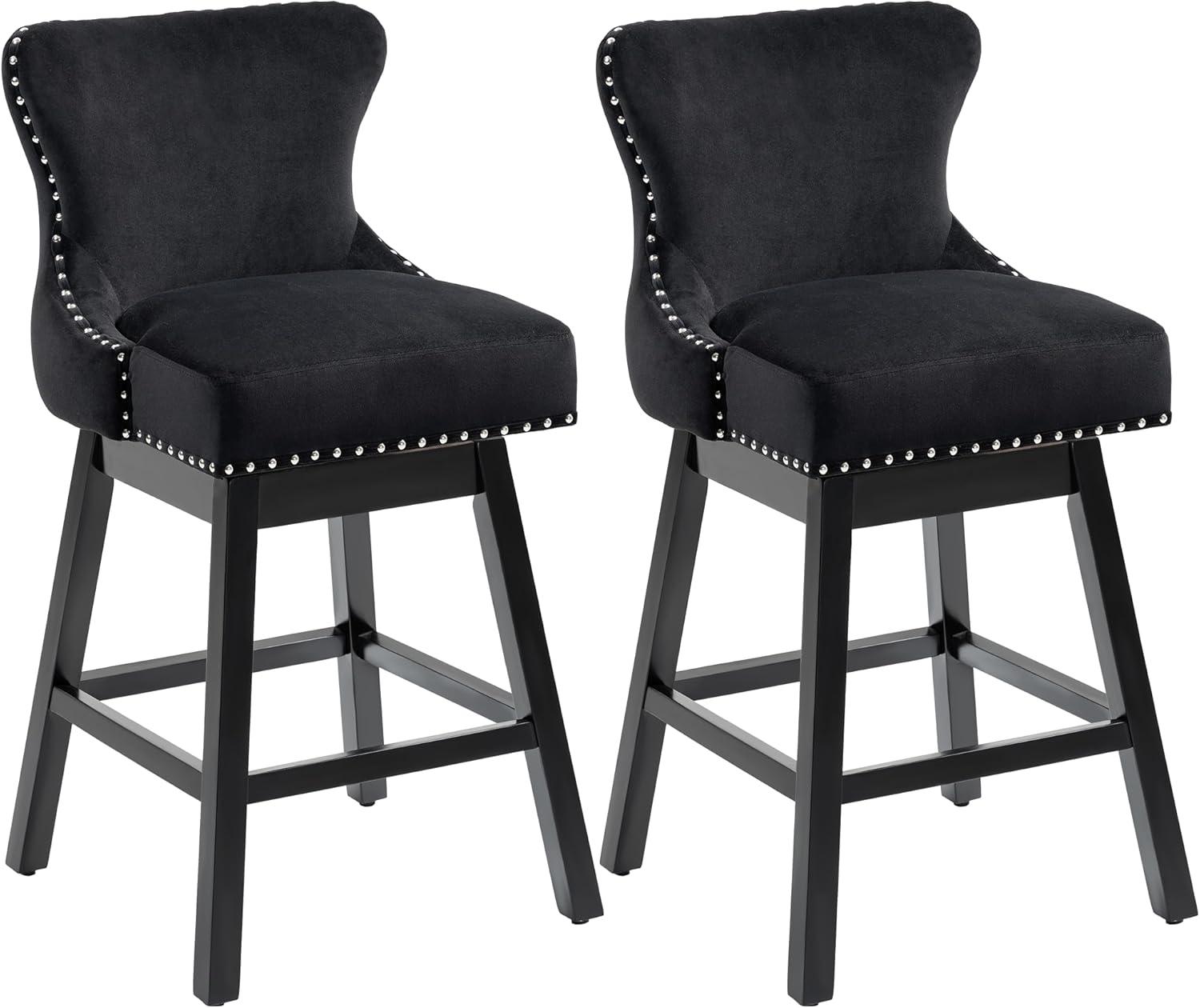 29" Black Velvet Upholstered Swivel Bar Stools with Wood Frame, Set of 2