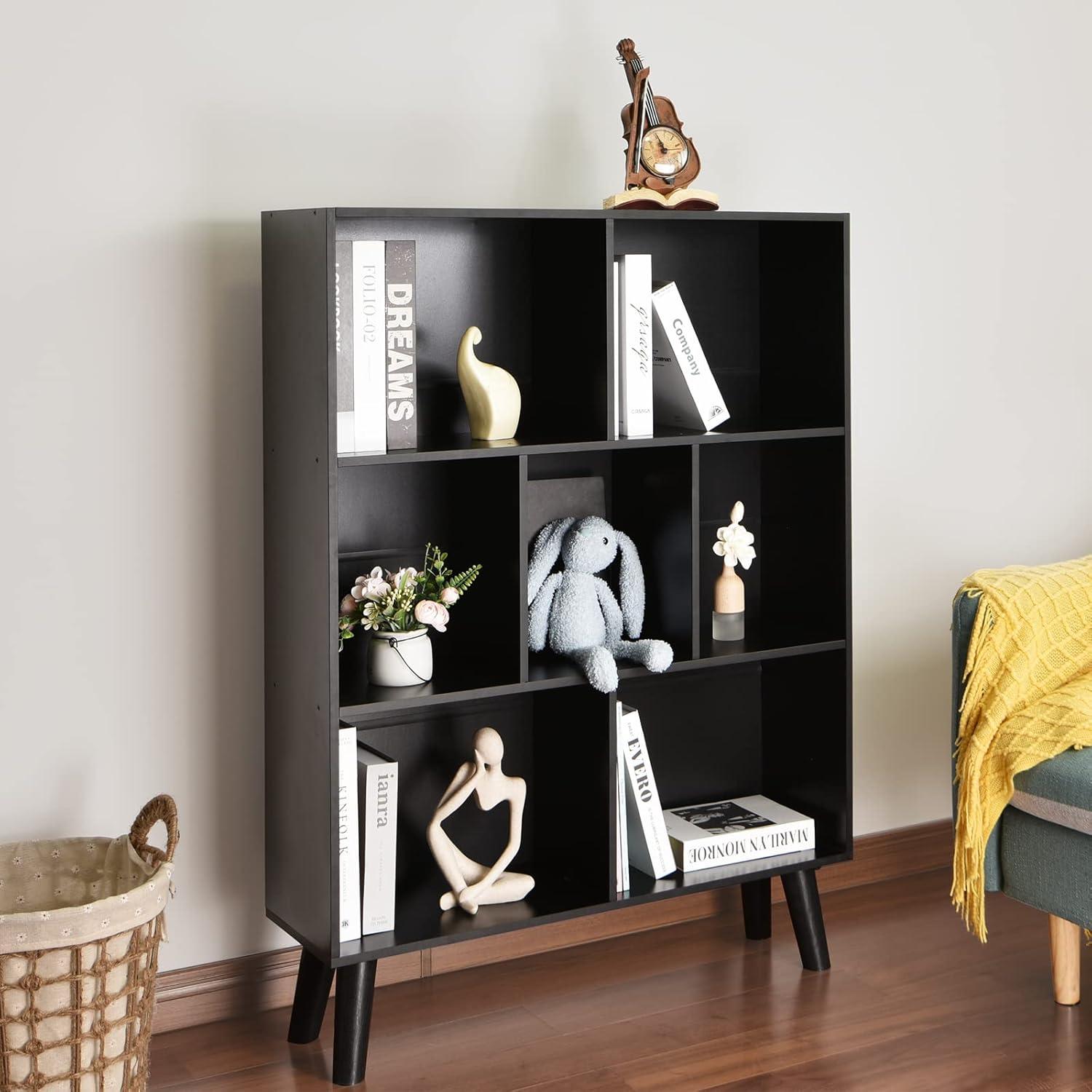 YAHARBO Black Bookshelf,3 Tier Modern Bookcase with Legs,Bookshelves Wood Storage Shelf, Open Book Shelves Cube Organizer,Freestanding Short Bookcases