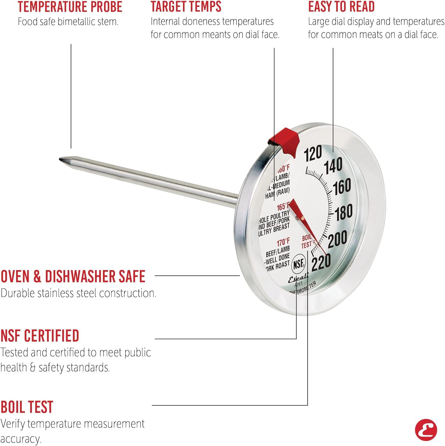 Escali Escali Oven Safe Meat Thermometer: Stainless Steel Analog, Clip Mount, Reads Celsius & Fahrenheit, 120-220°F Range