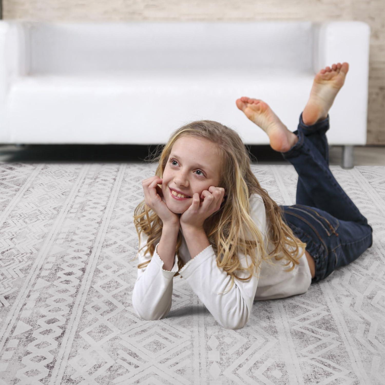 5'x7' Area Rugs for Living Room Machine Washable Rug Boho Geometric Indoor Area Rug Neutral Moroccan Style Ultra Soft Foldable Non-Slip Bedroom Rug Dining Room Office Modern Carpet Grey