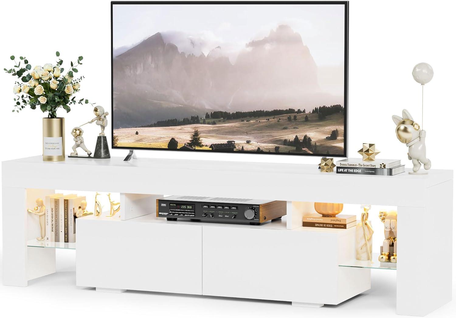 YESHOMY Modern LED TV Stand for Televisions up to 70 Inch with Glass Shelves and Drawer, Gaming Entertainment Center with Multiple Dynamic RGB Modes, for Livingroom, Bedroom, 60 Inch, White