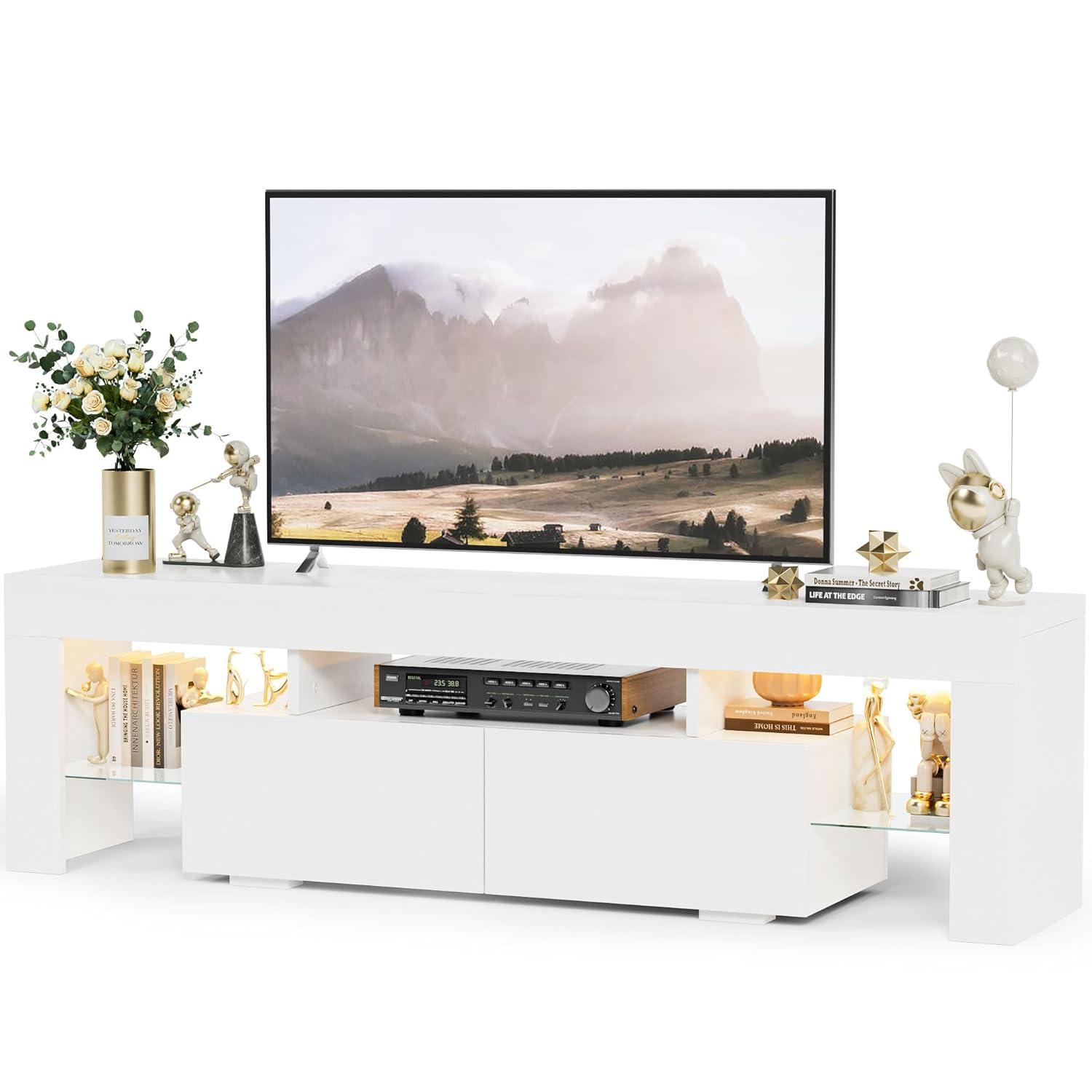 YESHOMY Modern LED TV Stand for Televisions up to 70 Inch with Glass Shelves and Drawer, Gaming Entertainment Center with Multiple Dynamic RGB Modes, for Livingroom, Bedroom, 60 Inch, White