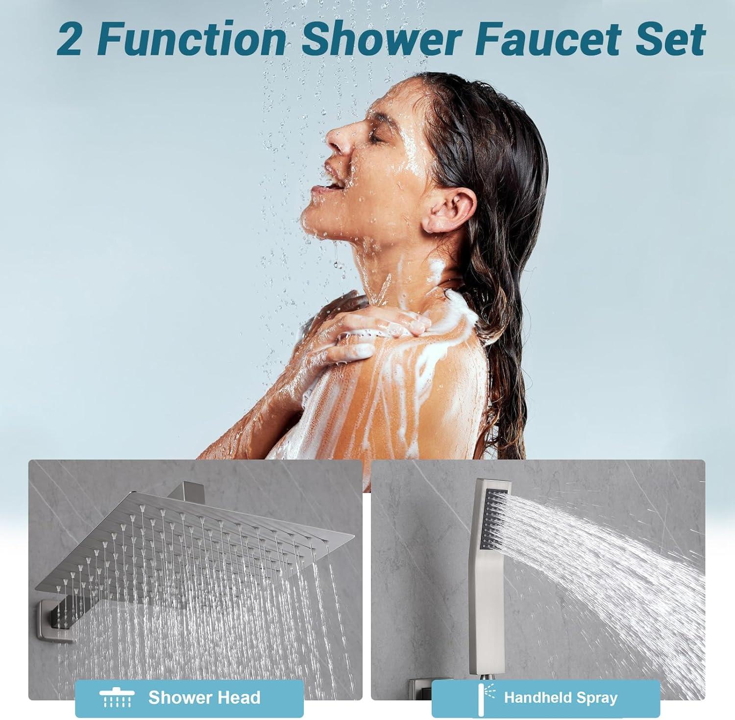 AWZTOO Wall Mounted Shower Faucet With Hand Shower Modern Shower System Set 10 Inch Rainfall Shower Head With Pressure Balance Valve Brushed Nickel