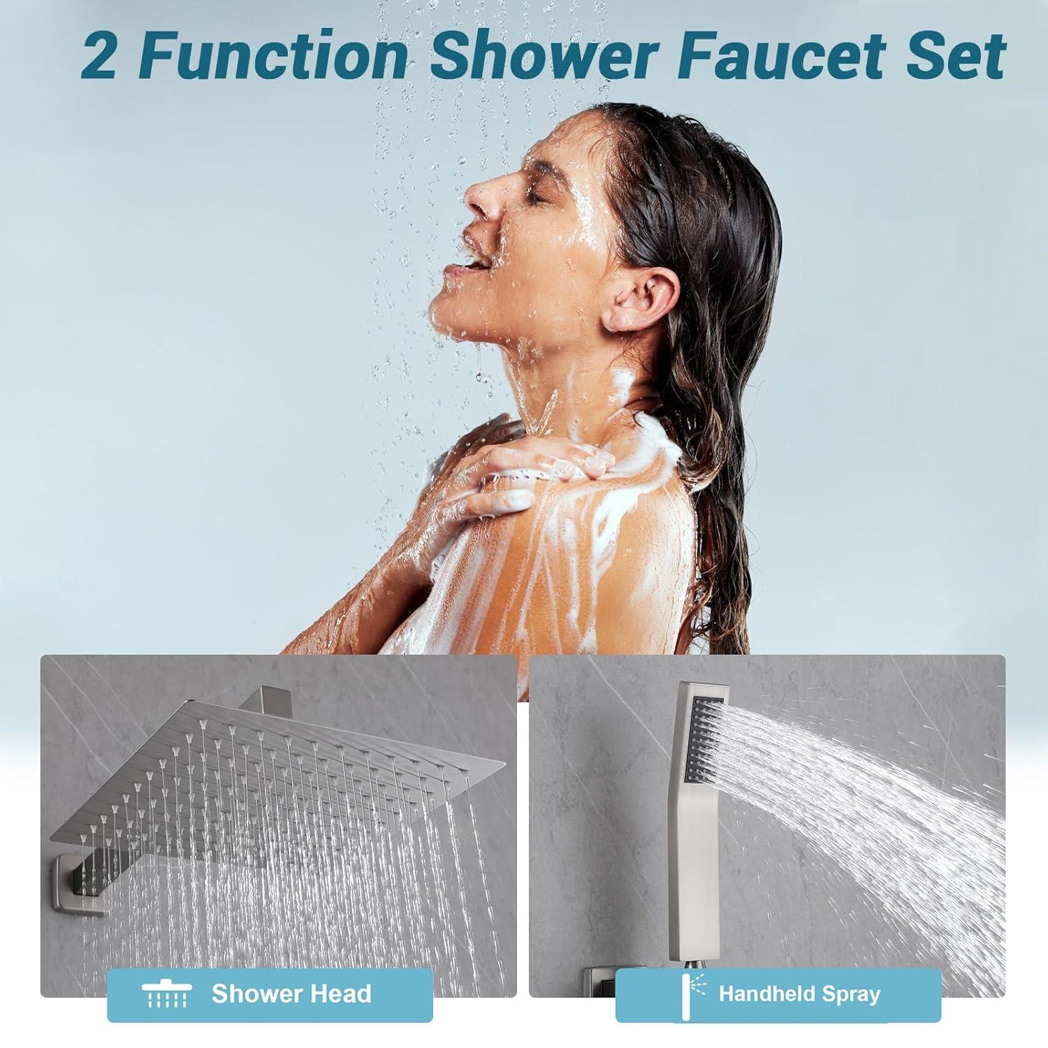 AWZTOO Wall Mounted Shower Faucet With Hand Shower Modern Shower System Set 10 Inch Rainfall Shower Head With Pressure Balance Valve Brushed Nickel