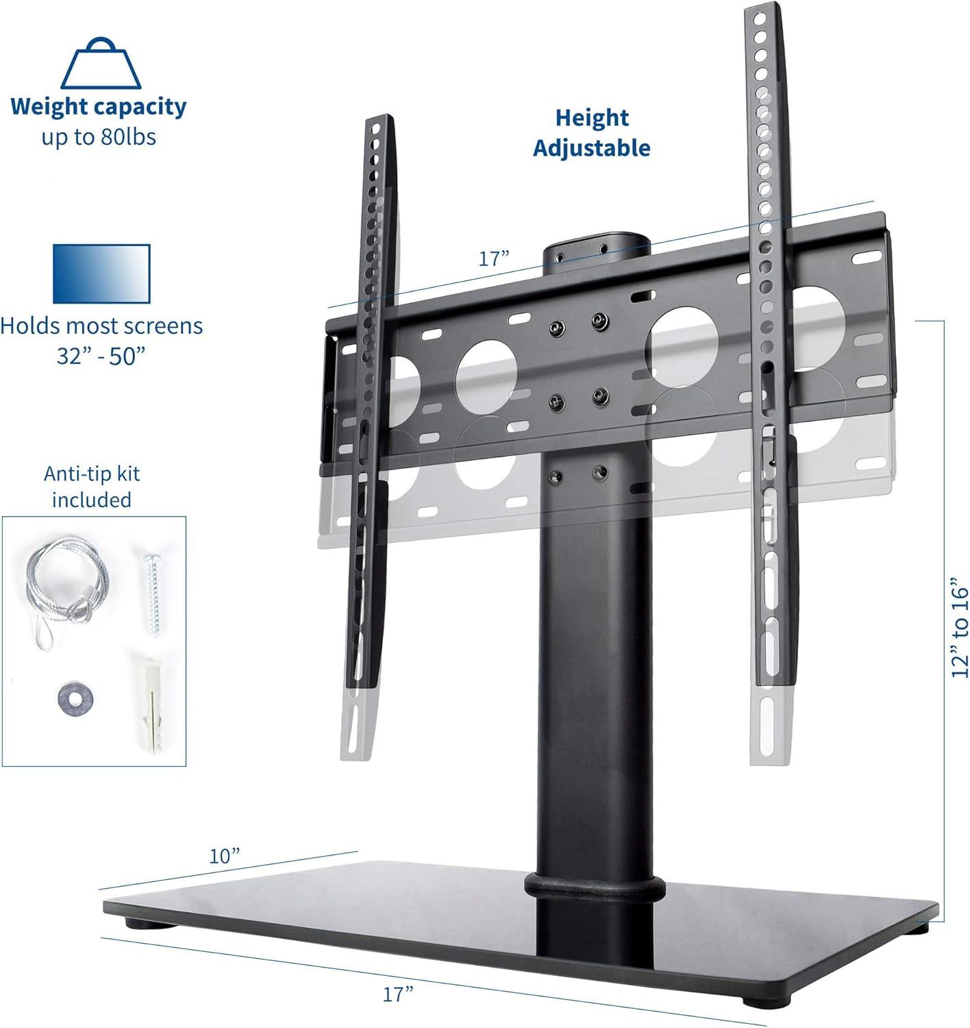 Black Universal TV Stand for 32 to 50 inch LCD Flat Screens, Tabletop VESA Mount with Tempered Glass Base