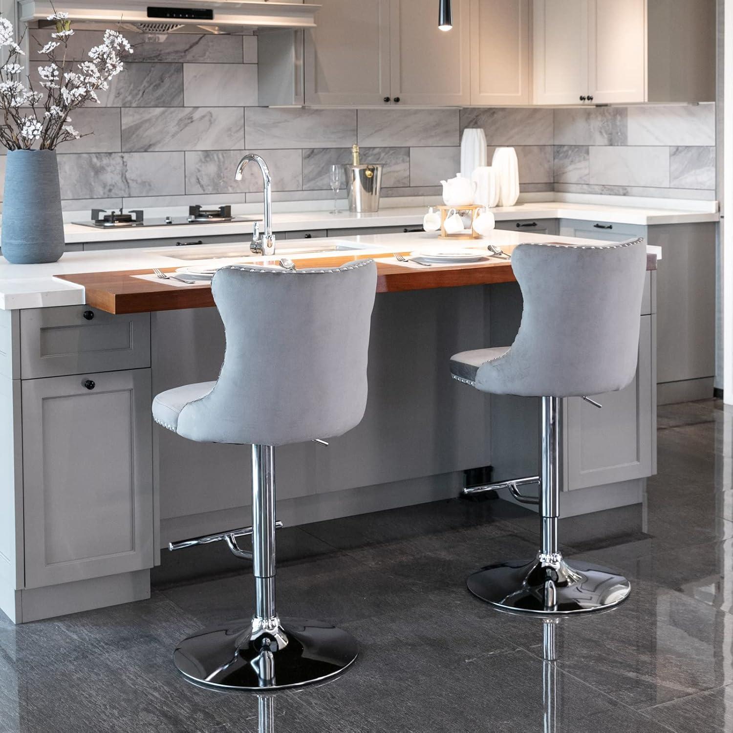 Swivel Bar Stools Set of 2, Adjustable Velvet Counter Height Barstools for Kitchen Island Dining Room, Modern Bar Chairs with Back, Nailheads Trim, Button Tufted